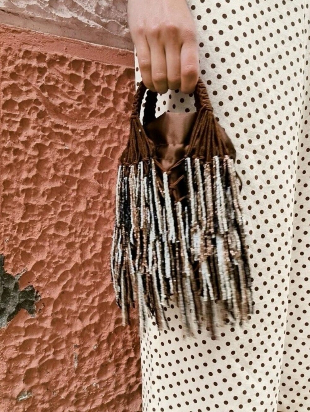 New Zara beaded mini bucket bag Brown
